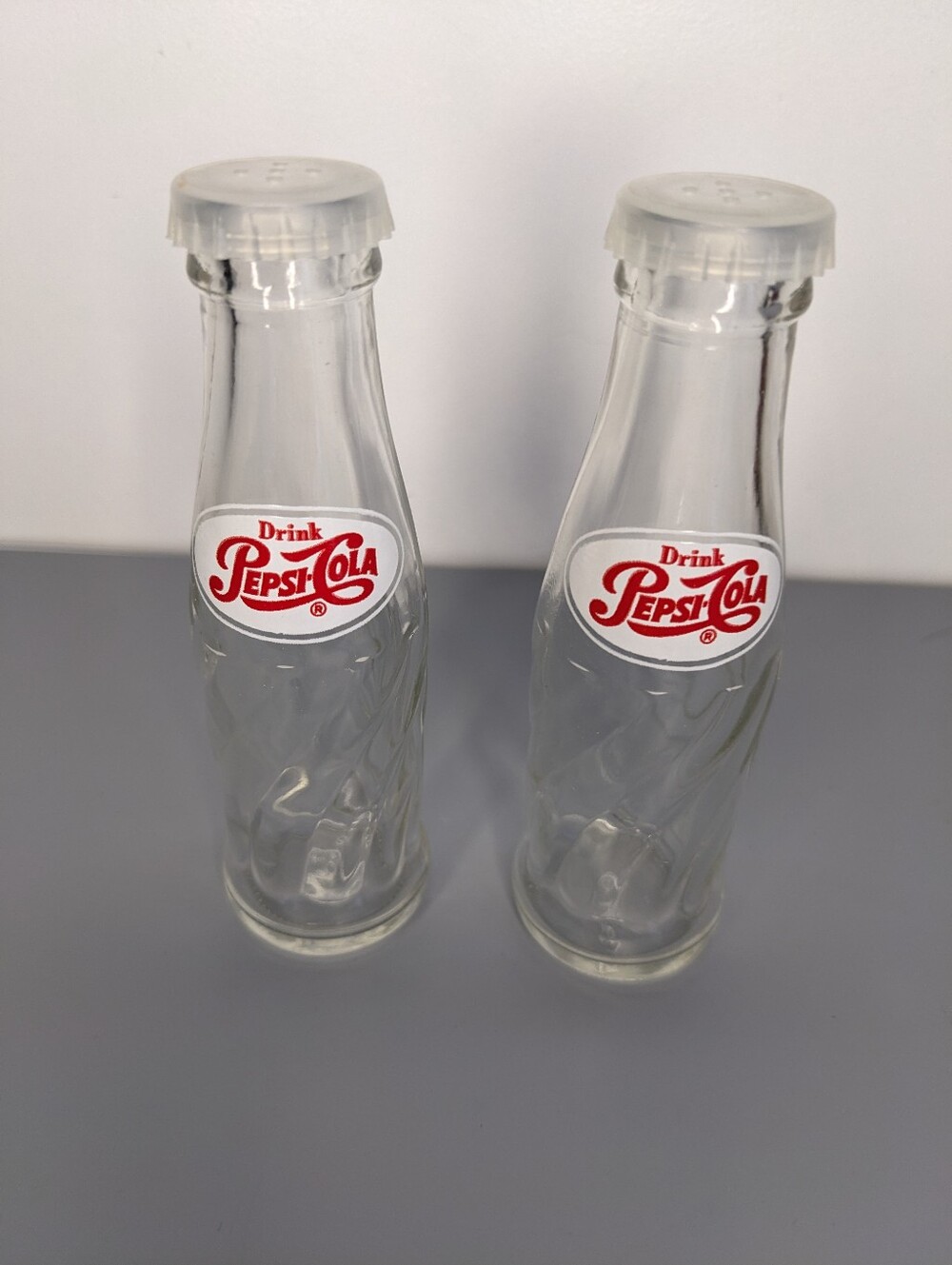 Vintage Pepsi Cola Salt and Pepper Shakers Twisted Glass Drink Pepsi EUC 1960s